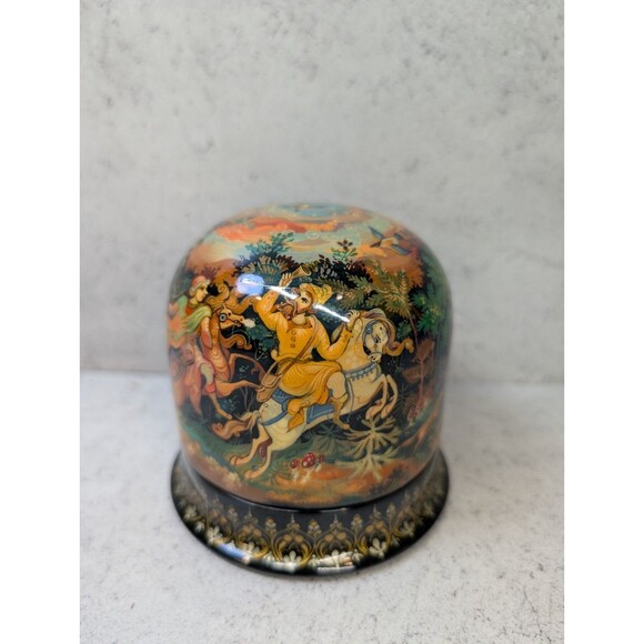 Hand-Painted Russian Lacquer Box – Large Dome – Horseman Scene – Red Interior - Picture 1 of 11
